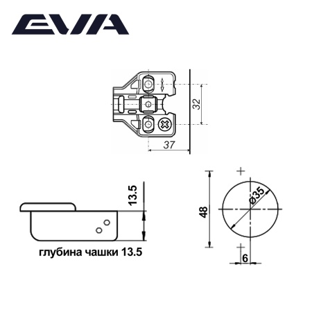 Петля мебельная с монтажной планкой и амортизатором EVA Initial 2way 4D накладная 90/105 48 мм фото